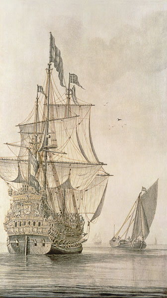 A Man-o'-war under sail seen from the stern with a boeiler nearby van Cornelius Bouwmeester