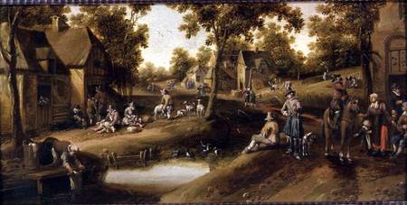 A Village Scene with Peasants on Banks of a Stream van Cornelius Droochsloot