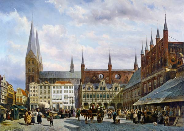 De markt in Lübeck. van Cornelius Springer