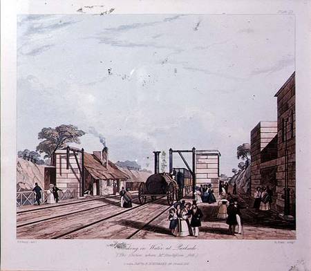 Liverpool and Manchester Railway: Taking water at Parkside van Daniel and Robert Havell