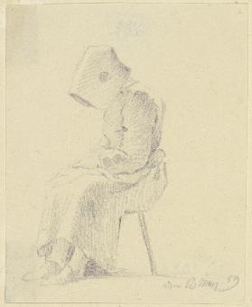 Sitzende Frau mit Schutenhut, im Profil nach links