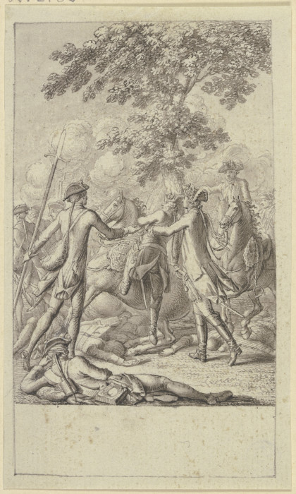 Zwei Soldaten helfen Friedrich dem Großen von einem zusammensinkenden Pferd van Daniel Chodowiecki