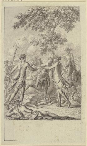 Zwei Soldaten helfen Friedrich dem Großen von einem zusammensinkenden Pferd