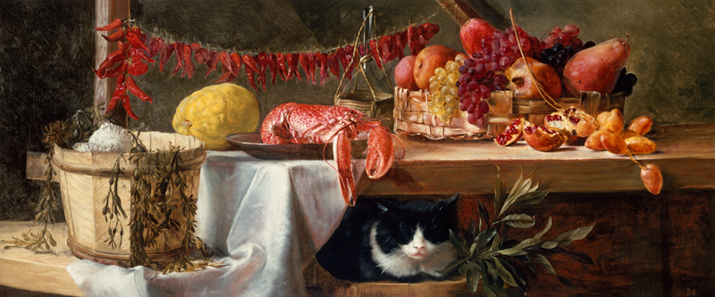 Stillleben mit Peperoni, Früchten, einem Hummer und einer Katze van Daniel Hock