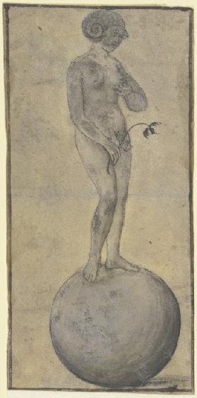 Stehende weibliche Aktfigur (Fortuna?) auf einer Kugel, in der Rechten einen Zweig haltend