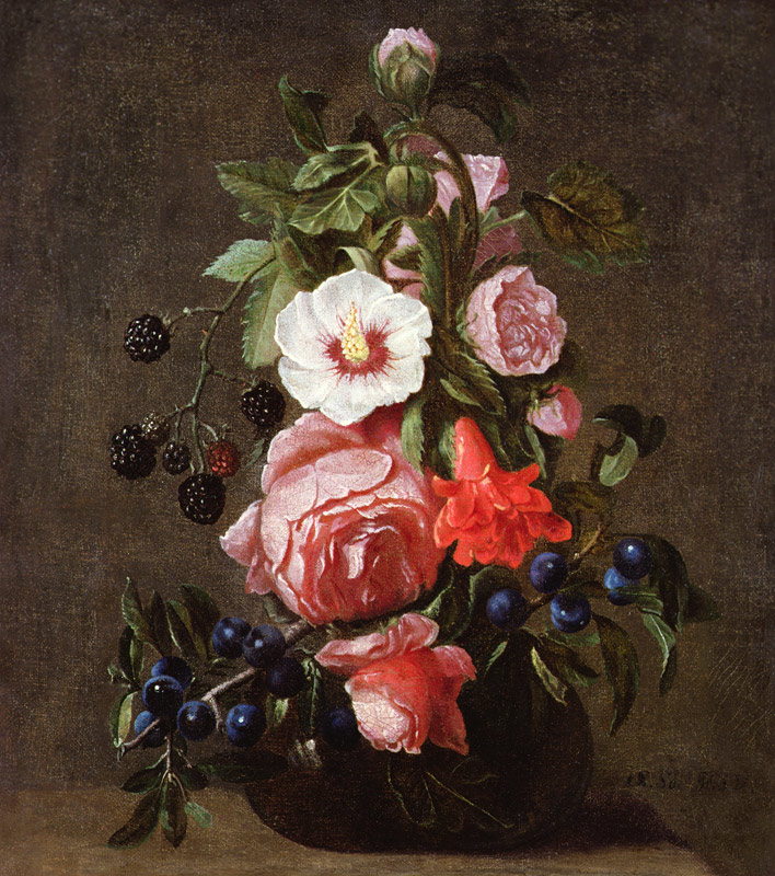 A Still Life of Mixed Flowers and Berries in a Glass Vase van Daniel Seghers