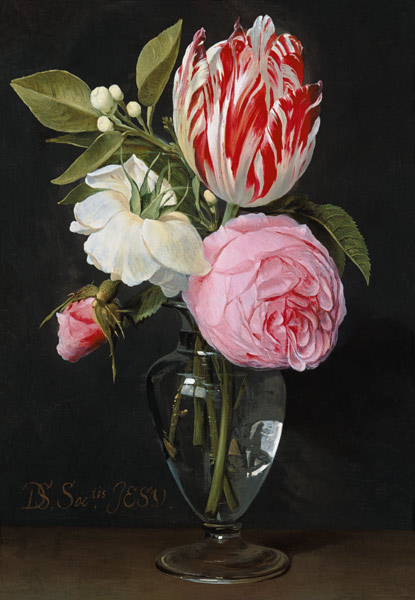 Flowers in a glass vase van Daniel Seghers