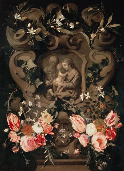 Madonna and Child, Saint Elisabeth and John the Baptist as child in a floral garland