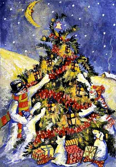 Snowmen Decorating the Christmas Tree, 1999 (gouache on paper)  van David  Cooke