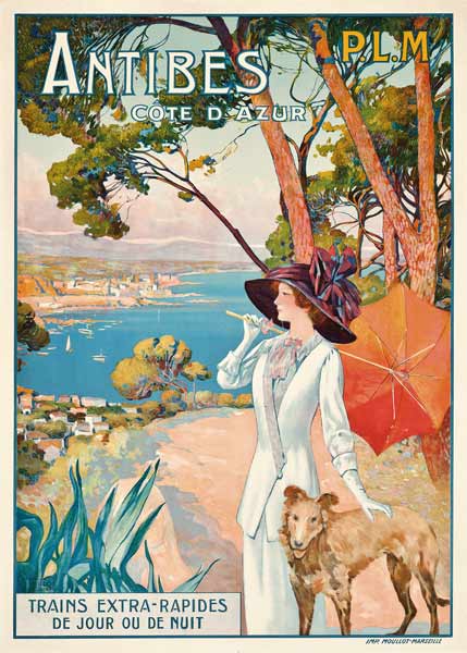 Poster advertising travel to the Antibes, Cote d'Azur, with the French railway company P.L.M van David Dellepiane