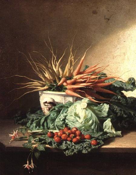 Still Life of Strawberries, Carrots and Cabbage van David Emil Joseph de Noter