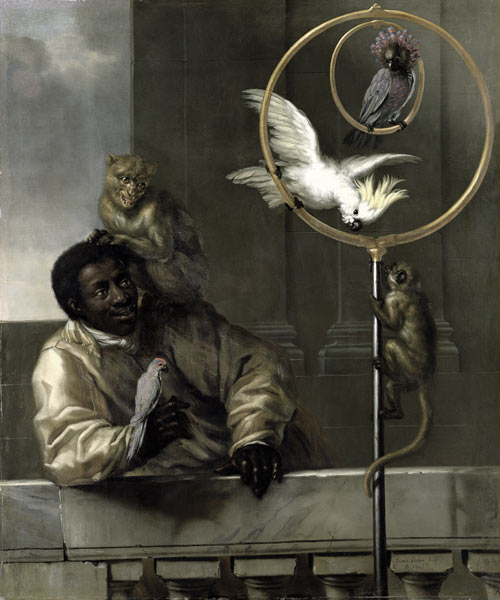 Negro with Parrots and Monkeys van David Klocker Ehrenstrahl