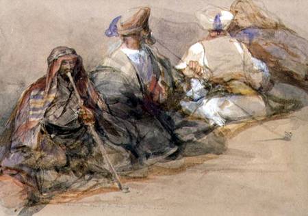 Group of Arab figures, two smoking a cubuk van David Roberts