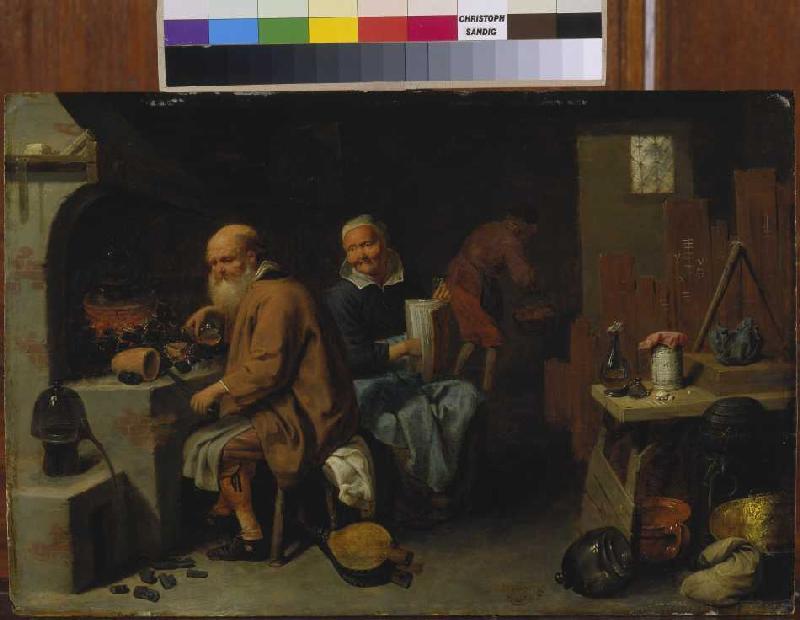 Alchimist mit seiner Frau in der Werkstatt. van David Ryckaert III.