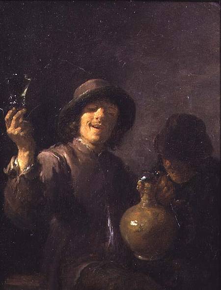 Two Boors drinking (panel) van David Teniers