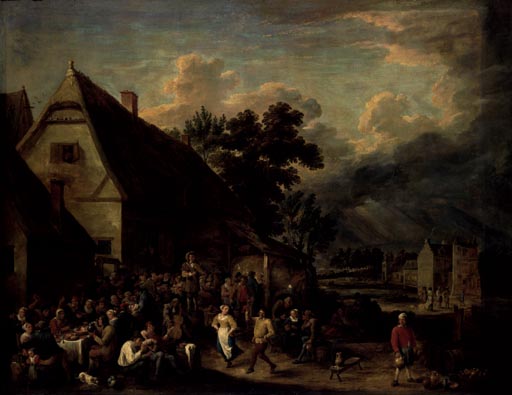 Grosse Dorfkirmes mit tanzendem Paar van David Teniers