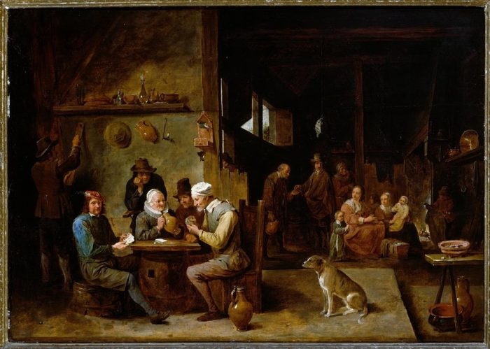A Farmhouse Interior with Peasants at a Table Playing Cards van David Teniers