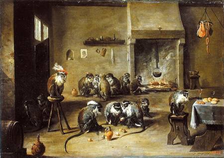 Monkeys in a Kitchen van David Teniers