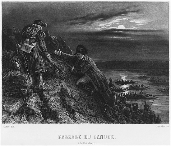 Napoleon I Bonaparte (1769-1821) crossing the River Danube during the night of 4th July 1809; engrav van Denis-Auguste-Marie Raffet