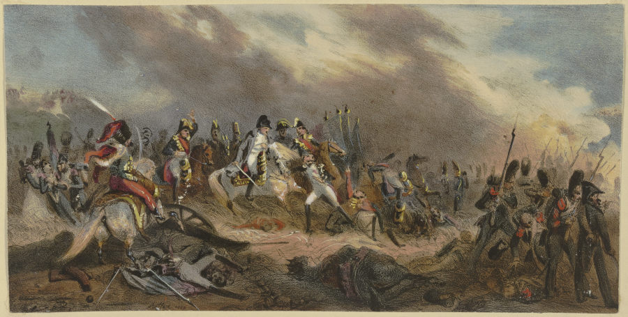 Napoleon mit seinem Hut über ein Schlachtfeld reitend van Denis Auguste Marie Raffet