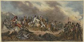 Napoleon mit seinem Hut über ein Schlachtfeld reitend