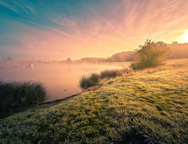 Cospudener See im Nebel und Sonnenaufgang van Dennis Wetzel