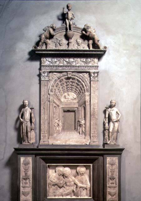 Tabernacle with an architectural trompe l'oeil panel, angel candelabra and a Pieta van Desiderio  da Settignano