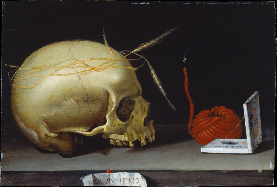 Vanitas Still Life with Skull, Wax Taper and Portable Sundial van Deutscher Meister um 1620
