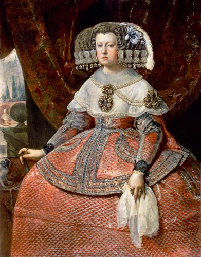 Queen Maria Anna of Spain in a red dress van Diego Rodriguez de Silva y Velázquez