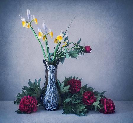 Still life with irises and peonies