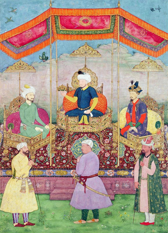 Mughal Emperor Babur and his son, Humayan, Indian miniature from Rajasthan van Dip Chand