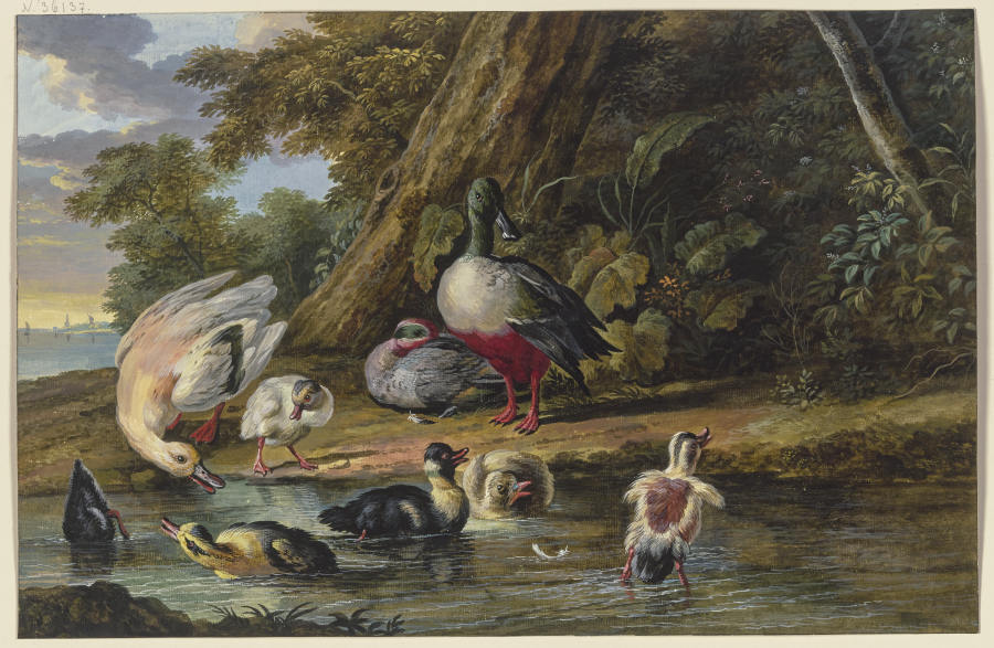 Zwei Enten mit ihren Jungen am Wasser van Dirck Dalens III