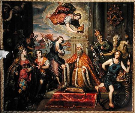 Doge Giovanni Bembo kneeling before the personification of the City of Venice van Domenico Tintoretto