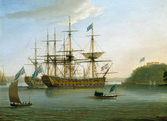 Two British Men of War moored under Mount Edgecomb, Plymouth with the admiral's barge returning to s van Dominic Serres
