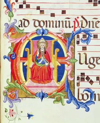 Ms 572 f.125r Historiated initial 'E' depicting St. Peter as the first bishop of Rome from an antiph van Don Simone Camaldolese