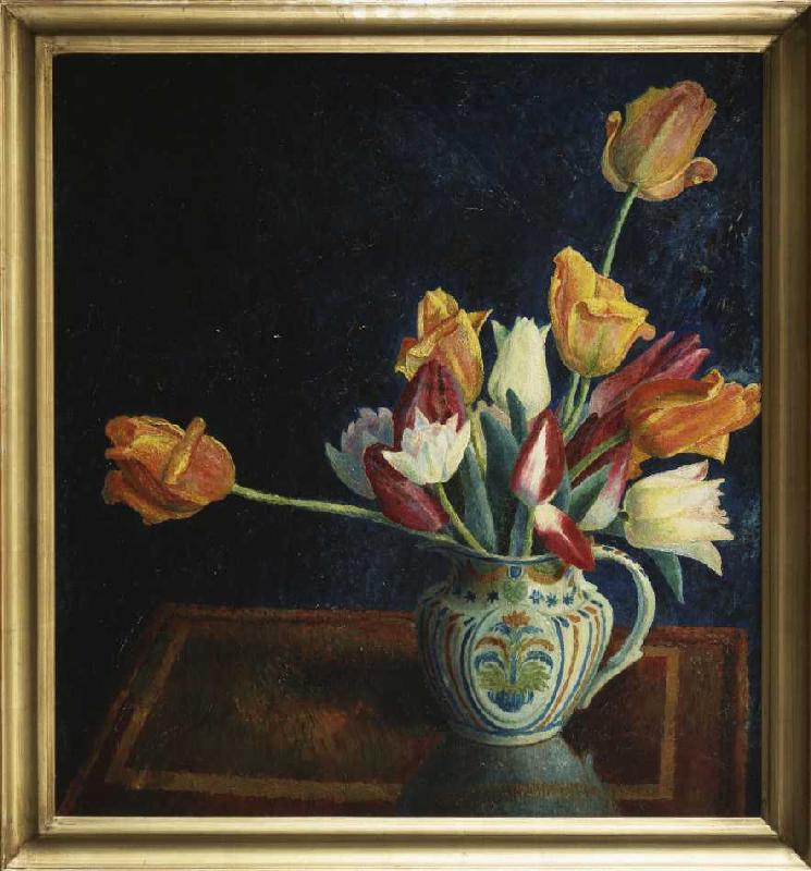 Tulpen in einem bemalten Krug. van Dora Carrington