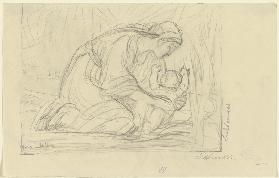 Kneeling woman with a baby