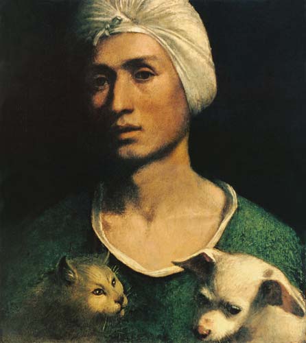 Portrait of a Young Man With a Dog and a Cat van Dosso Dossi