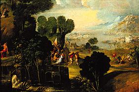 Landschaft mit Szenen aus dem Leben von Heiligen