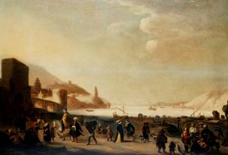 A port with street vendors and peasants in the foreground (panel) van Dutch School