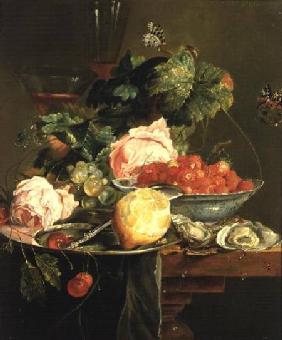 Still Life of Roses, Oysters, Strawberries in a Porcelain Bowl and Other Fruits on Pewter Ware