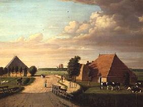 A study of Leevwarden in Holland with a herd of Friesian cattle in the foreground