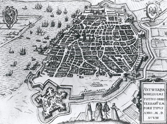 Map of Antwerp, 1598 (engraving) (b/w photo) van Dutch School, (16th century)