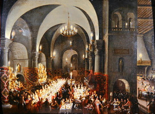 Belshazzar's Feast showing the hand of God writing the words 'Mane, Tekel, Phares' (oil on canvas) van Dutch School, (17th century)