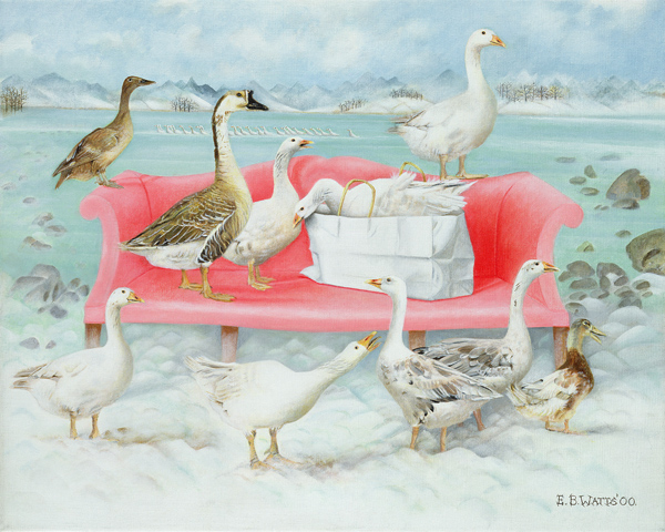 Geese on Pink Sofa, 2000 (acrylic on canvas)  van E.B.  Watts