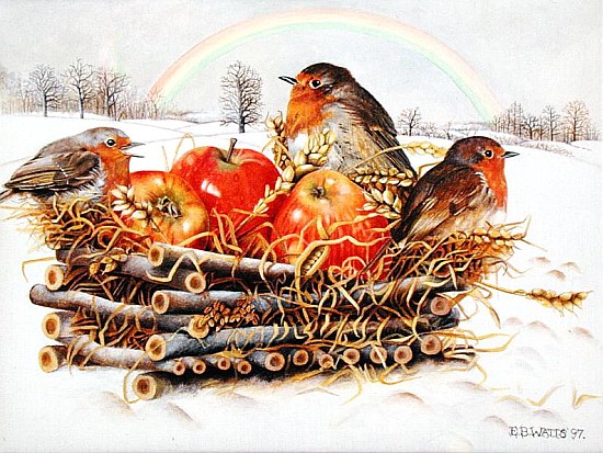 Robins with Apples, 1997 (acrylic on canvas)  van E.B.  Watts