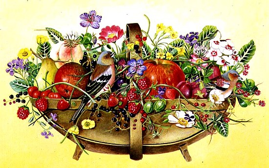 Trug with Fruit, Flowers and Chaffinches, 1991 (acrylic)  van E.B.  Watts