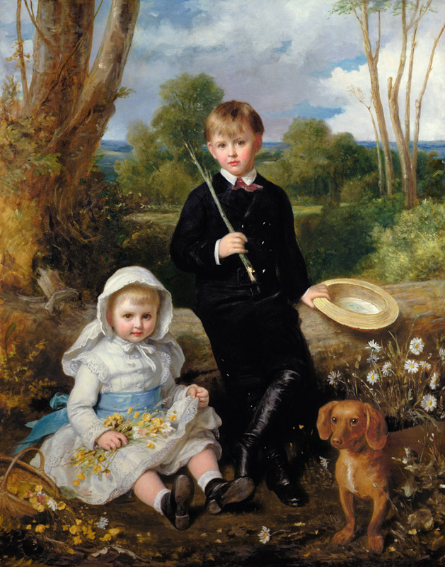 Portrait of a Brother and Sister with their Pet Dog in a Wooded Landscape van Eden Upton Eddis