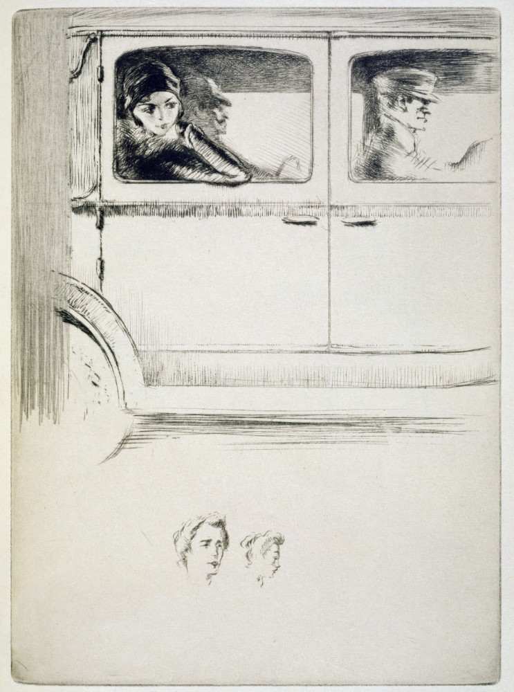 A couple in a chauffeur driven car, illustration for Mitsou by Sidonie-Gabrielle Colette van Edgar Chahine