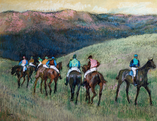 Racehorses in a Landscape van Edgar Degas